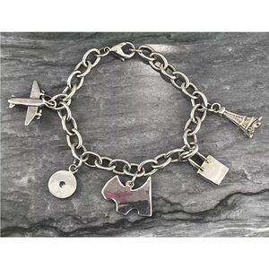 Vintage Silver Scottie Dog, Eiffel Tower, Shopping Bag, Airplane Charm Bracelet